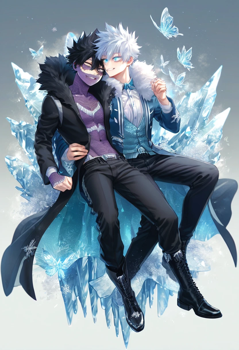 absurdres, highres, ultra detailed, HDR, master piece, best quality, extremely detailed face, delicated features, Dabi, black hair, expressive turquoise eyes, Boku No Hero Academia, Gojou Satoru, white hair, expressive blue eyes, white eyelashes, two sexy men together, gay couple, yaoi, handsome, smiling, blue jacket with fur, black T-shirt, black coat, black pants, black boots, full body, fantasy, magical, ice, ice butterflies, snowflakes, starry night, ice style