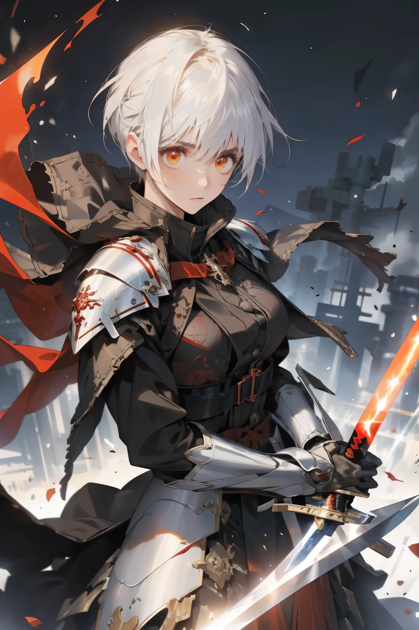 ((best quality)), ((masterpiece)), (detailed), Perfect face, Altria ((destiny)), Pretty Face, Beautiful Body, calm gaze, Red Eyes, Glowing eyes, detailed eyes, White hair, detailed hair, Holding a sword, Black Sword, arms, Practical, Fighting Style, Red glowing sword, Black Halo, Red Halo, Black particles, Red particles, Black Armor Dress, bettlefield, confusion, flame, red light, ((Optimal resolution)).