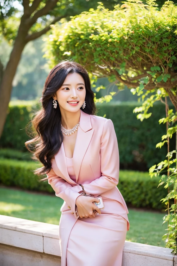 Wedding venue garden,President of import goods sales company,((full body)),((photo)),((best qualtiy, 8K, tmasterpiece:1.3)), Focus:1.2, perfect figure beautiful woman:1.4,1woman,cowboy shot,look at viewer,incredibly absurd, beautiful and cute woman with a photorealistic face, showcasing top-quality craftsmanship, A Japanese woman attending her sister's wedding at a wedding venue, 35 years old, long hair, straight black hair, shiny, silky hair that curls inwards, narrow double eyelids, long eyelashes, pronounced eyebrows, high nose, thin lips, white teeth, bright smile, smooth, honey-colored skin, thin neck, tall, glamorous, slender, F-cup breasts, pale pink suit, knee-length pencil skirt, high heels, diamond earrings and necklace, luxury brand watch, clutch bag, cigar, beautiful, lady-like, pretty older sister, celebrity-like, adult woman, intelligent, calm, kind, playful, sharp-tongued, soothing to those around, refined, elegant, June