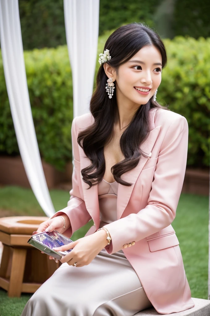Wedding venue garden,President of import goods sales company,((full body)),((photo)),((best qualtiy, 8K, tmasterpiece:1.3)), Focus:1.2, perfect figure beautiful woman:1.4,1woman,cowboy shot,look at viewer,incredibly absurd, beautiful and cute woman with a photorealistic face, showcasing top-quality craftsmanship, A Japanese woman attending her sister's wedding at a wedding venue, 35 years old, long hair, straight black hair, shiny, silky hair that curls inwards, narrow double eyelids, long eyelashes, pronounced eyebrows, high nose, thin lips, white teeth, bright smile, smooth, honey-colored skin, thin neck, tall, glamorous, slender, F-cup breasts, pale pink suit, knee-length pencil skirt, high heels, diamond earrings and necklace, luxury brand watch, clutch bag, cigar, beautiful, lady-like, pretty older sister, celebrity-like, adult woman, intelligent, calm, kind, playful, sharp-tongued, soothing to those around, refined, elegant, June