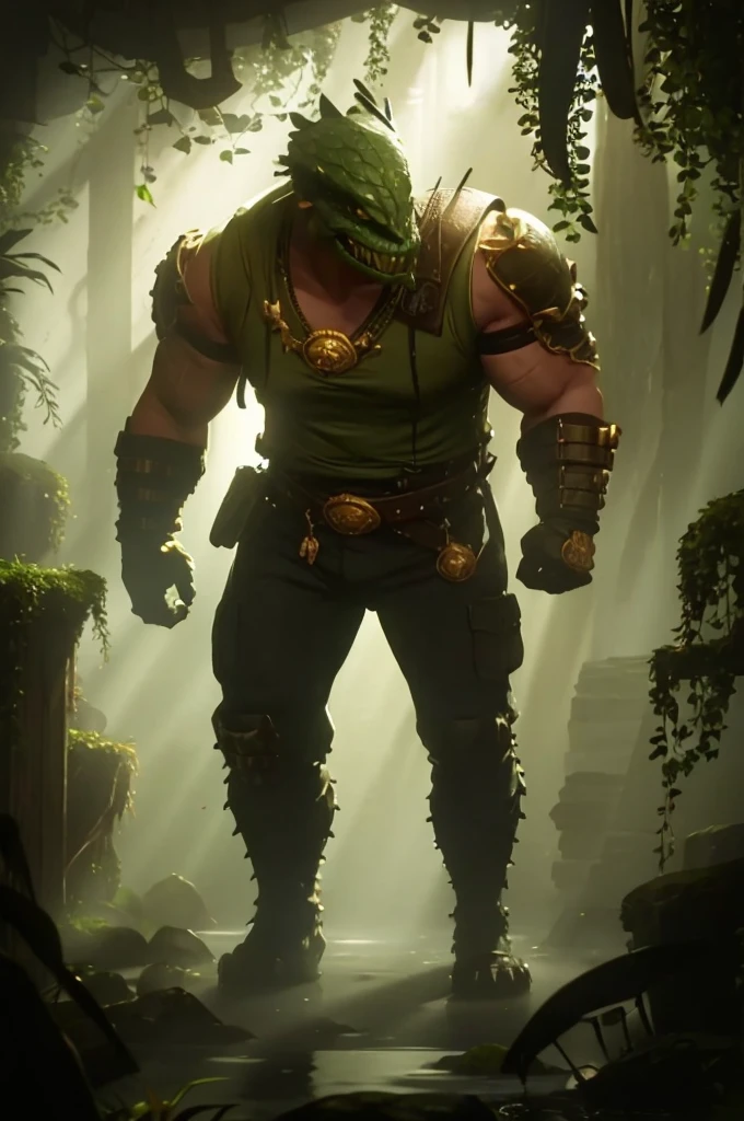 An imposing 2-inch crocodile-man,5 metros de alto, with scaly olive skin and moist moss in some areas, steampunk glasses with gold tips and a predatory smile. He wears a black t-shirt with a yellow stripe on the sleeves and is equipped with large skull gauntlets., khaki cargo pants and sturdy war boots. The creature is standing watchfully, with dim lights emanating from within. Dense fog hangs over the swamp at dawn, while weak rays of sunlight penetrate the fog, creating a sparkling glow in the lily-filled water. Detailed cinematic lighting, 8K, Photorealist, Masterpiece artwork.