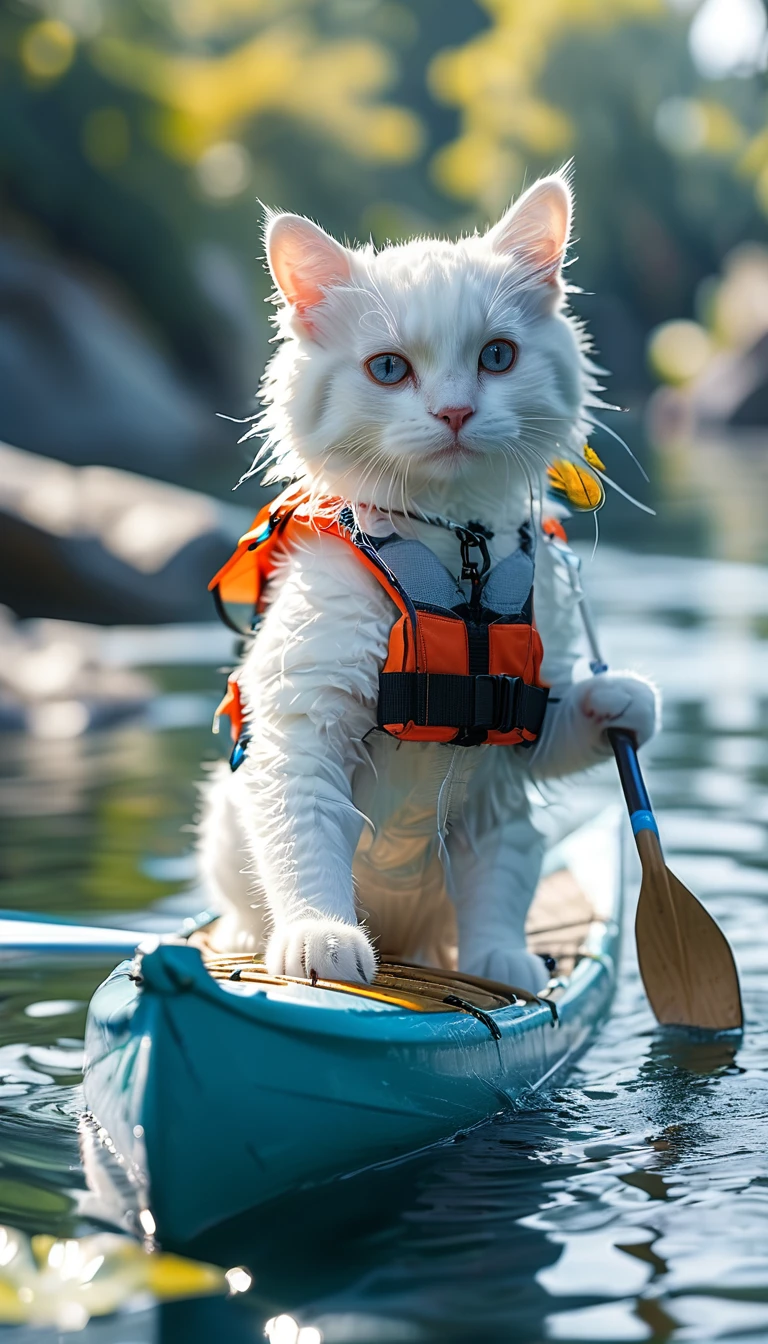 ((8K)), best quality, 超high resolution, (high resolution)、A white cat wearing a life jacket paddling a canoe.