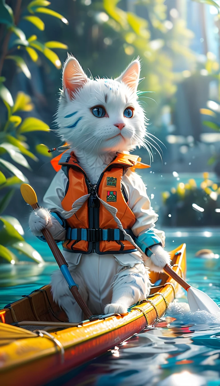 ((8K)), best quality, 超high resolution, (high resolution)、A white cat wearing a life jacket paddling a canoe.