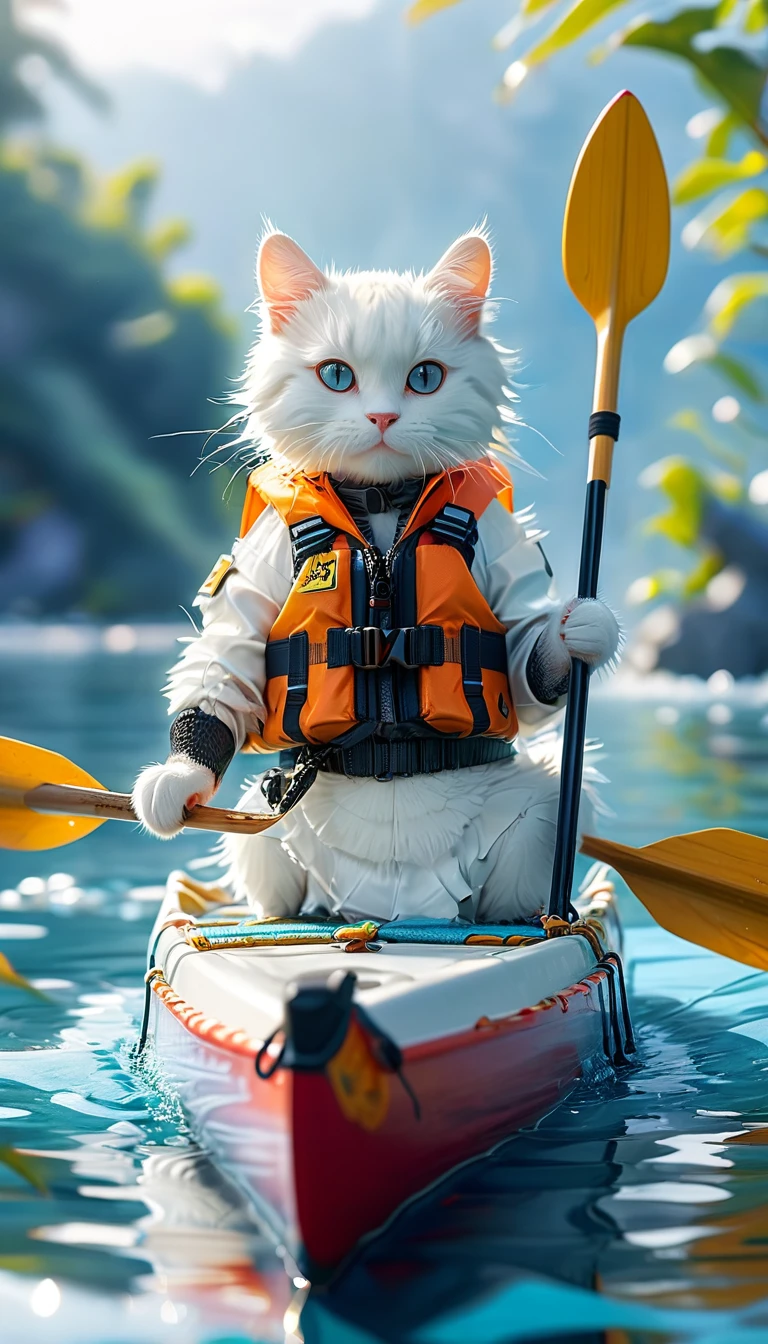 ((8K)), best quality, 超high resolution, (high resolution)、A white cat wearing a life jacket paddling a canoe.