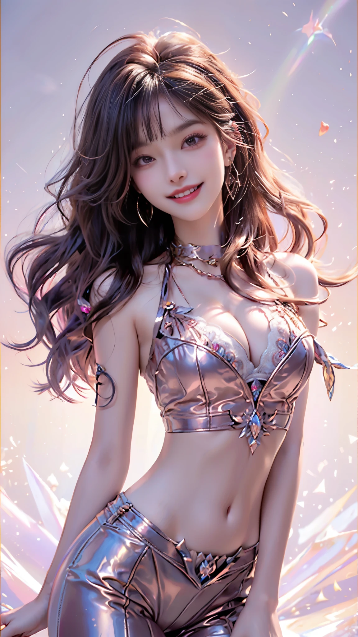 kda, ((whole body)), ((Random shooting angle)), ((Practical)), ((E-cup)), ((Visible cleavage)), ((I-type Valley)), 1 Girl, group photo, Exterior, night, light, stand up, Pleasant posture, Striking pose, beautiful legs, Looking at the audience, Detailed scenario, curls, Air bangs, Beautiful hair accessories, Brown hair, Light makeup, Blush Blush, Lip gloss, (Campus Style), Warm lamps, Warm colors, details, Ultra Detailed, (masterpiece, Best quality), (Extremely exquisite and beautiful work), Delicate earrings, Exquisite necklace, Simple blur background, Extremely detailed description, Ultra-fine painting, Delicate face, slim body, Thin waist, (Grin, happy Grin, Show your teeth), (Anatomically correct)