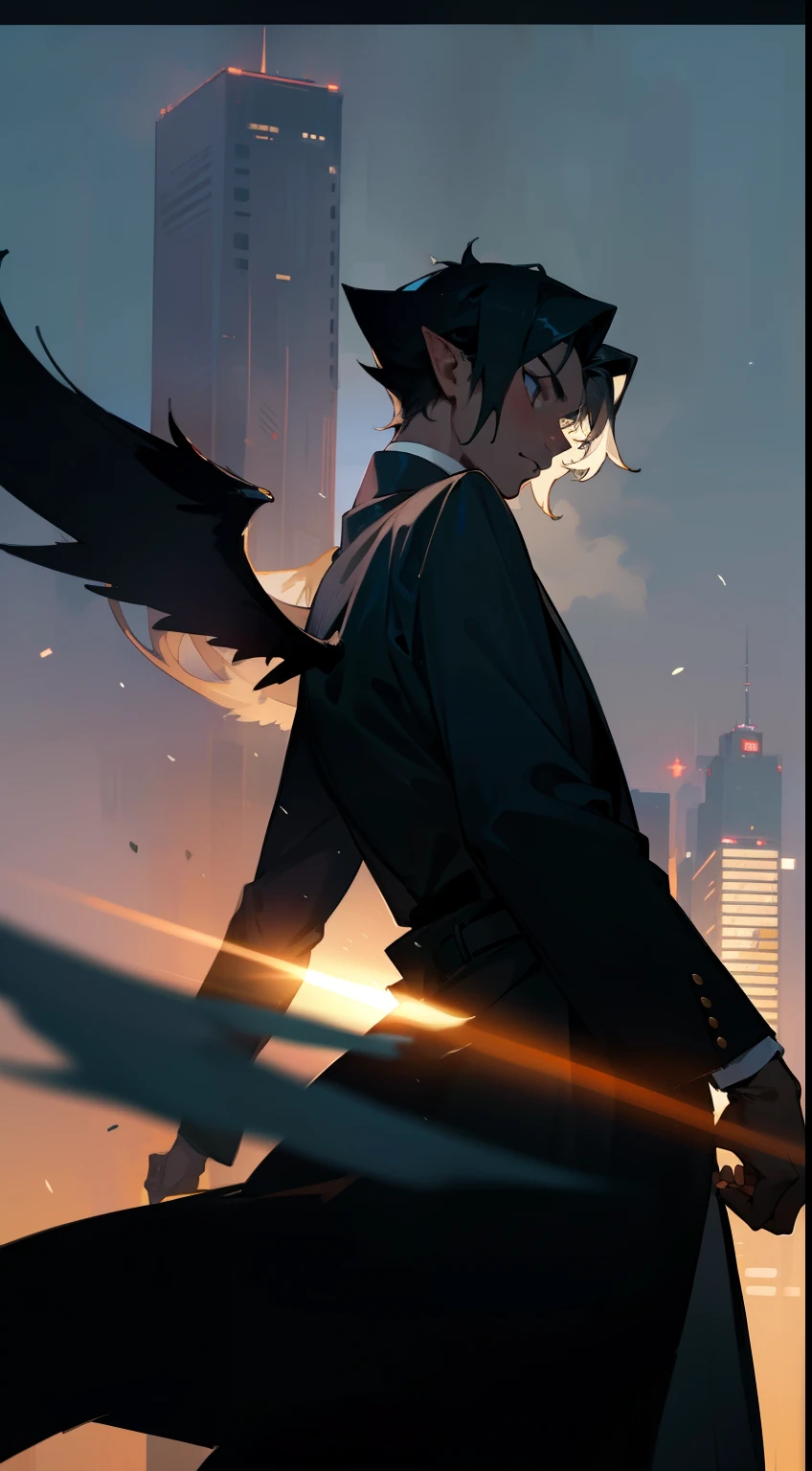work of art,best qualityer,High definition,4K,waist up view,close up(1 young boy,20 years old,mature man),standing alone,((darkskin)),((black overcoat,)),Mid fade hair, Bblack hair,elf ear,(two white wings ),(natta,natta city,skyscraper, city lights),from sideways,(brave face)