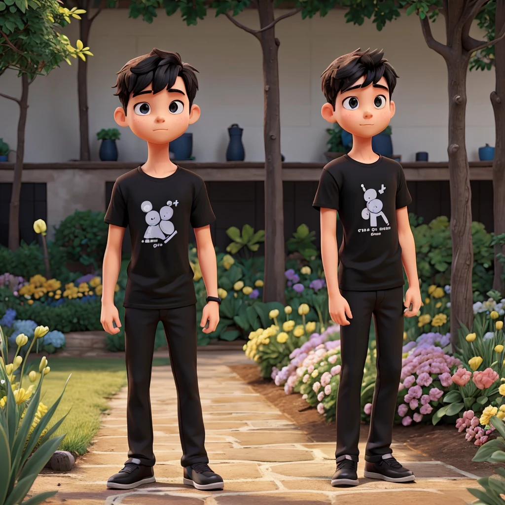 A  adult boy black T-shirt no body normal body his stand to A garden