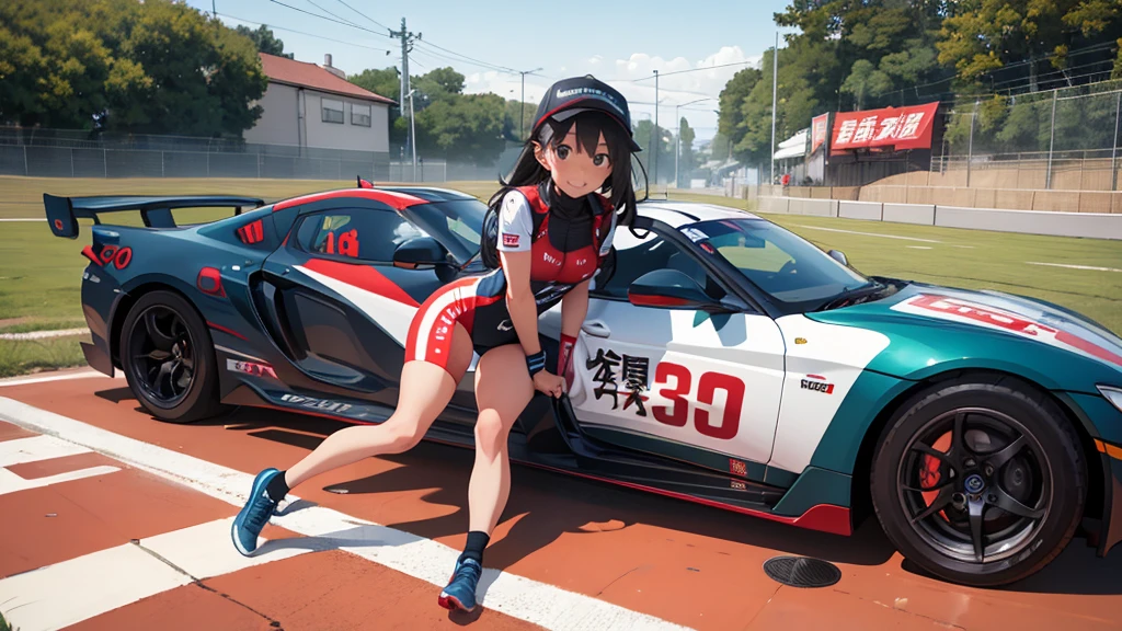 Woman in racing suit, background is racing field, full body type, racing car, gekiga anime, poor Miwa-ko, crowd, mechanic, helmet, smiling, Supra,