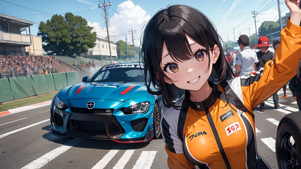 Woman in racing suit, background is racing field, full body type, racing car, gekiga anime, poor Miwa-ko, crowd, mechanic, helmet, smiling, Supra,
