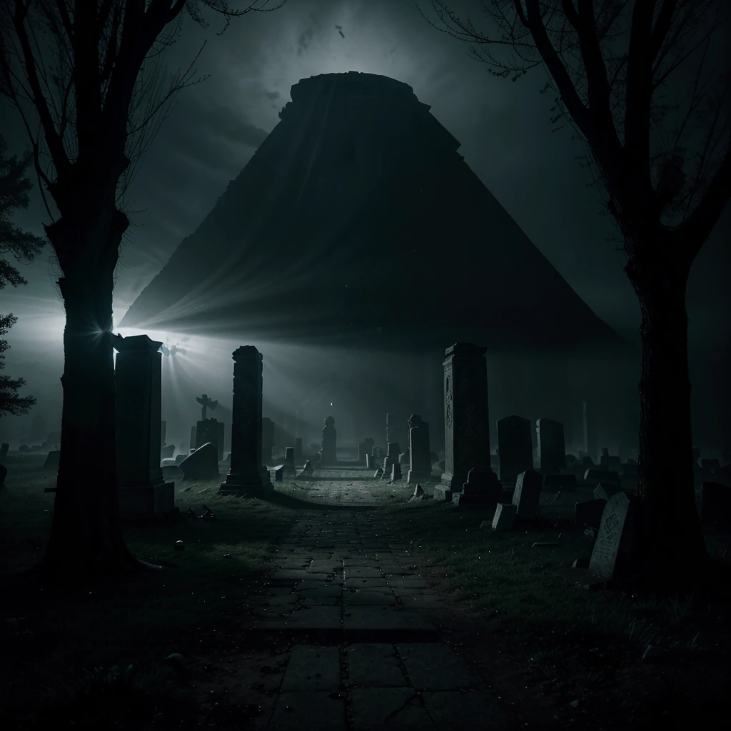 background main menu game, Ancient excavation site at night, Desolate atmosphere, Tragic aftermath of archeologists' deaths, Foreboding darkness, Sinister shadows, Dim lighting, Satanic symbols on ancient walls, Flickering candles and distorted shadows, Remnants of occult rituals, Ghastly silhouettes in moonlight, Unearthly whispers, Malevolent forces, Partially shrouded in fog, Mystery and isolation, Fractured tombstones and disturbed graves, Disturbed spirits, Dark and desaturated color palette, Eerie otherworldly hues, Unsettling center with an ancient partially opened portal, Ominous glow revealing a glimpse into the demonic realm