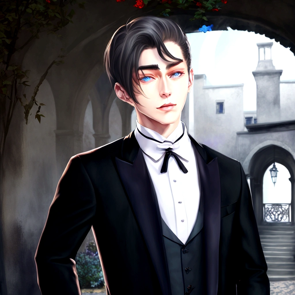 Realistic image of a man in a tuxedo standing in a courtyard, Beautiful androgynous prince, A delicate androgynous prince, Handsome men from Demon Slayer, Tall realistic man with blue eyes, Wearing a black aristocratic suit, Gweiz-style artwork, Anime Handsome Man, Official character art, Created by Anime Painter Studio