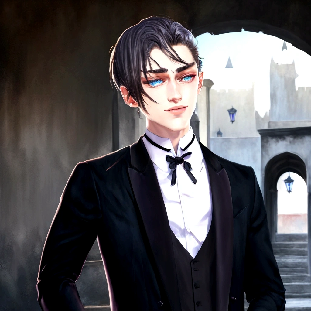 Realistic image of a man in a tuxedo standing in a courtyard, Beautiful androgynous prince, A delicate androgynous prince, Handsome men from Demon Slayer, Tall realistic man with blue eyes, Wearing a black aristocratic suit, Gweiz-style artwork, Anime Handsome Man, Official character art, Created by Anime Painter Studio