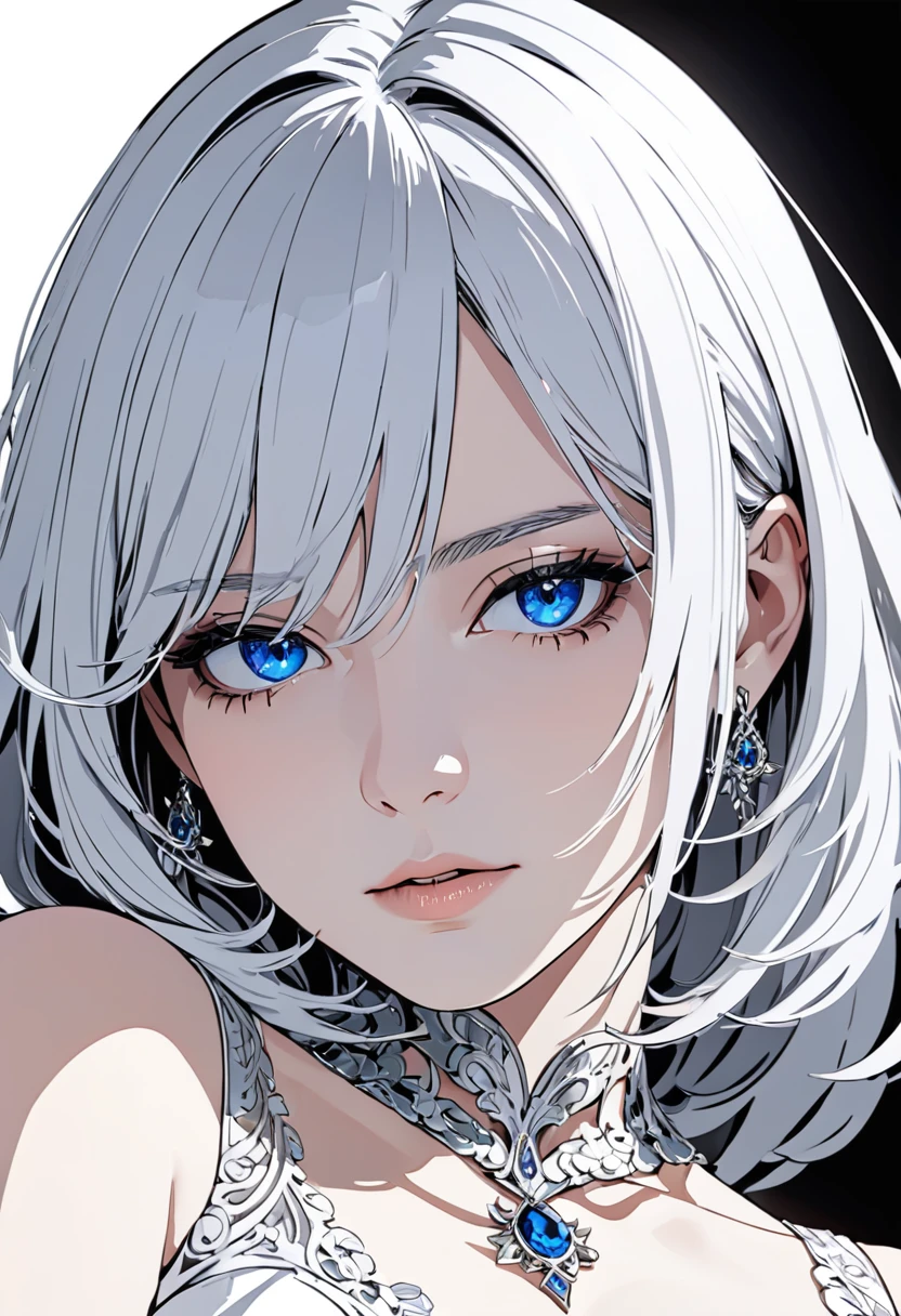 (masterpiece),((Highly detailed long silver hair)),((expressive blue eyes)),(Highly detailed white dress),deep cleavage,serious expression,extremely beautiful woman,pale white skin,silver jewelry,best quality,cel shading,8K ,ultra HD,highly detaild face, highly detaild eyes,flat color,(close shot),high contrast,ufotable art style,contrapposto,white background