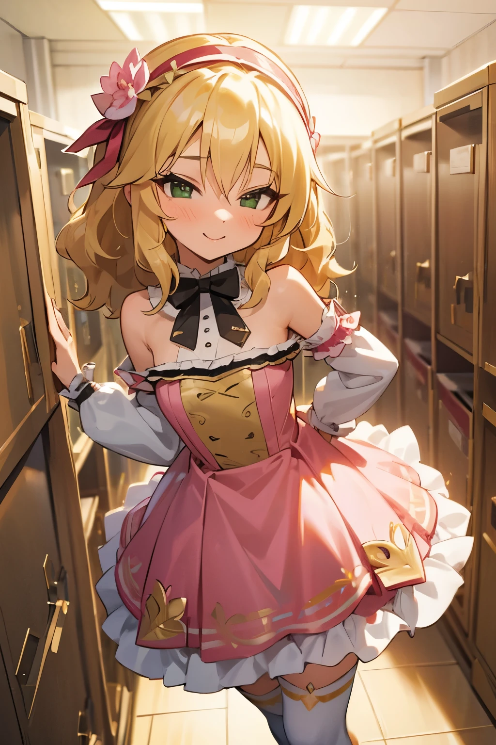 masterpiece,best quality, ultra-detailed,1girl(sakurai momoka, lovely small breasts, wavy hair,blonde hair, headband, pink flower in hair,green eyes),a face in love, smile, nose blush, blush, facing viewer , looking at viewer, solo, gold dress(ornate dress), frill, bare shoulders, frill, white lace thighhighs, in the locker room, standing, Sexy waist teasing,