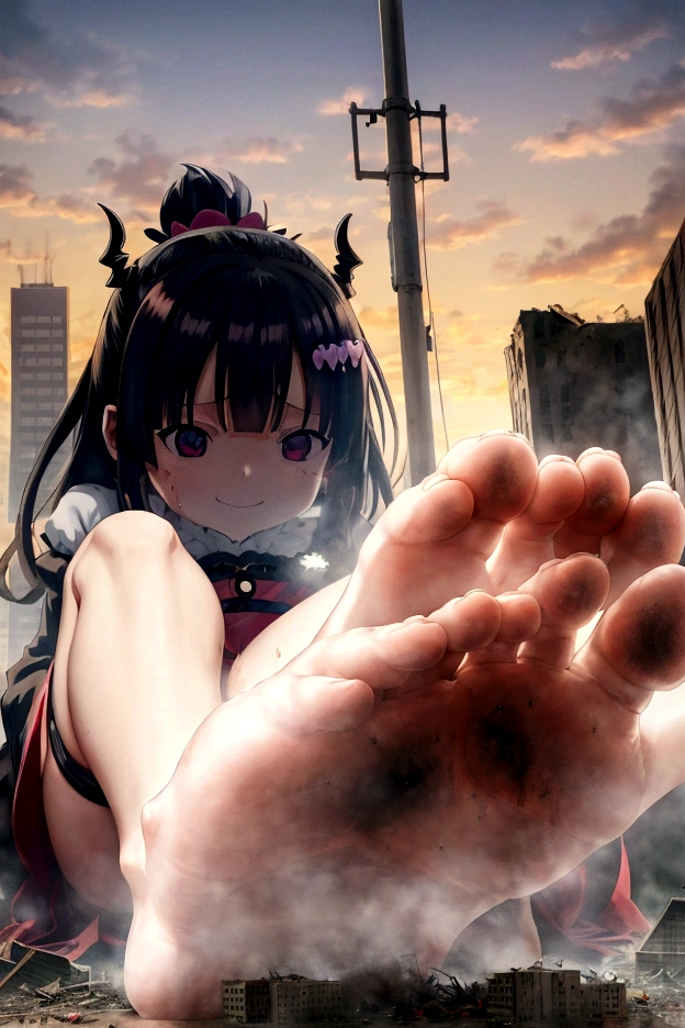 giant feet smash the city、two legs、put feet in the air、better feet,dirty feet,sole、human feet,five toes,attack of titaness、full body、high quality、great picture、Lol、bad face、Rem、Re:Zero、hell girl、huge demolition、giant demon、giant devil girl、scary powerful giant girl、huge impact、destroyed city and giantess、small buildings、city destroyed by giantess、small buildings on the ground、hardly destroyed buildings、cracking buildings、devil costume、row angle、Sitting Giant Girl、Make women bigger、Anime Style、Real Anime、Anime characters、scary smile、creepy face、白いSigh、Heat、Excited woman、scary smile、Sweat、Sweatが流れる、Sigh、Dark atmosphere、dark sky、Destroyed urban area、rubble、Anatomically correct、Accurate body、many people in panic