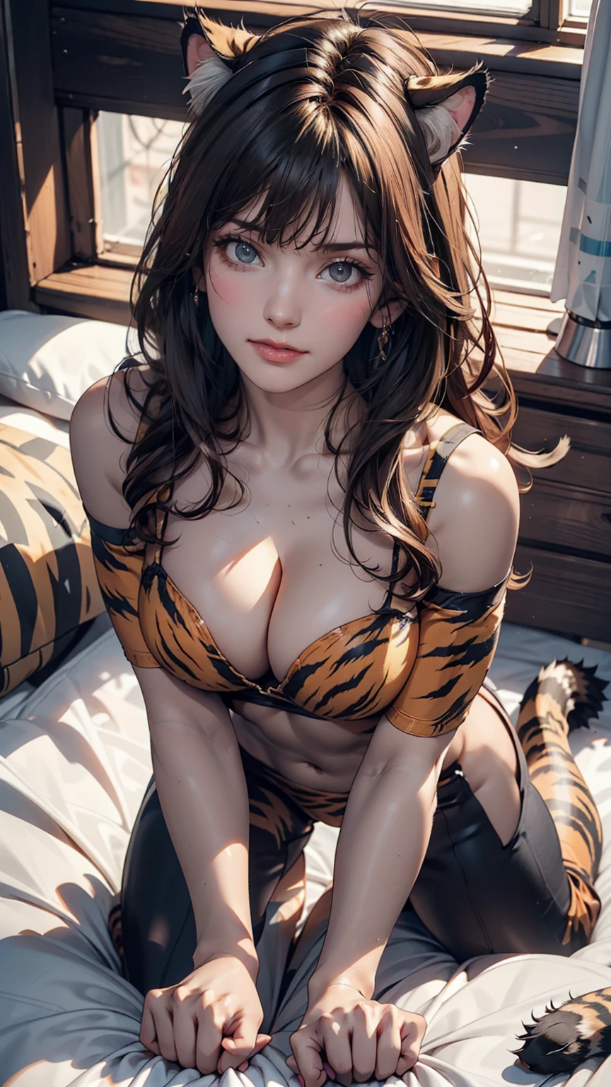19-year-old female、Hair color is gradient color、Wear a tiger print bodysuit、Meow and beckoning cat pose、On all fours、Sexy、Cleavage Emphasis、Oblique view from above
