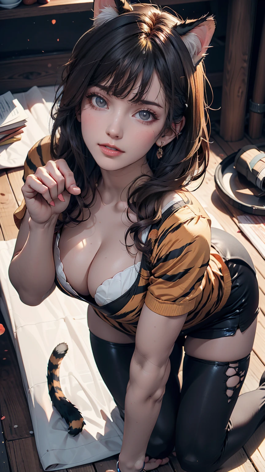 19-year-old female、Hair color is gradient color、Wear a tiger print bodysuit、Meow and beckoning cat pose、On all fours、Sexy、Cleavage Emphasis、Oblique view from above