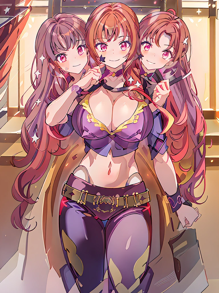 (masterpiece, best quality), best resolution, (3heads:1.5), 1girl, red hair, redhead, long flowing hair, star decoration on hair, smiling, seductive smile, smirk, open belly, dark purple crop top, dark purple miniskirt, open breasts, very huge tits, sexy pose, alluring presence, crimson eyes,
