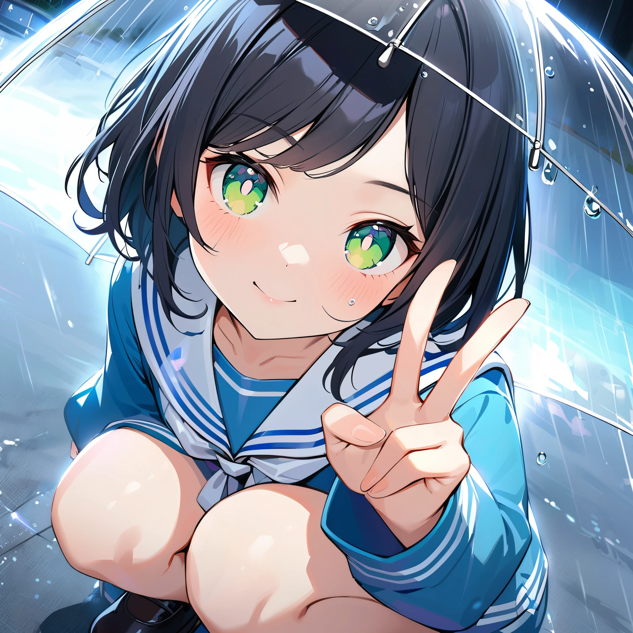 Close-up of face,(in style of Benton Jew:0.9),in style of by Liu Ye,1 Girl,Primary school students,White blue collar sailor suit,Black short hair,Green pupils,night,rain,from above,from the side,(Crouching on the roadside),ass pov,V gesture,knee,Transparent umbrella,透过Transparent umbrella看到女孩的画面,Water Drop,