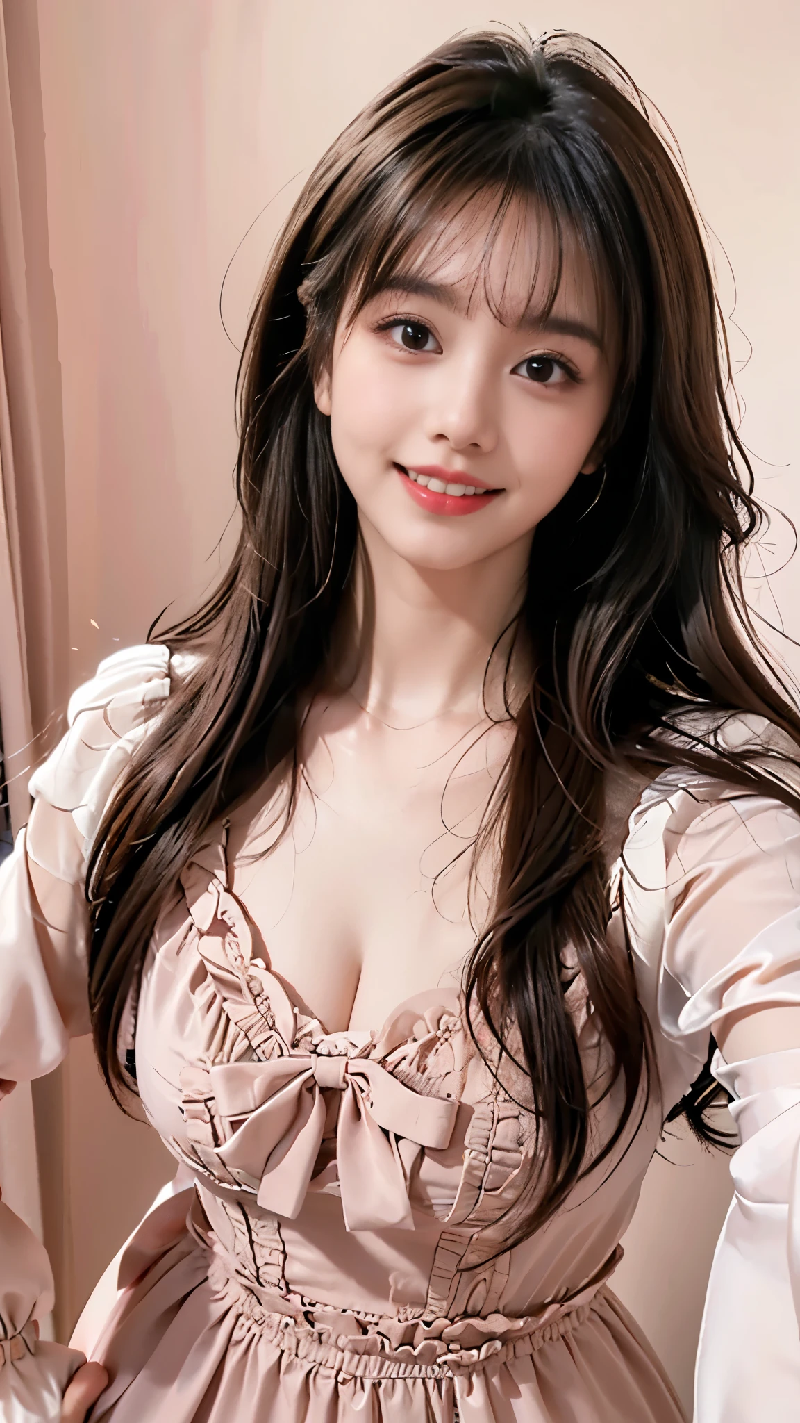 cyb dress, frilled dress, frills, gothic, bow, long sleeves, ((whole body)), ((Random shooting angle)), ((Practical)), ((E-cup)), ((Visible cleavage)), ((I-type Valley)), 1 Girl, group photo, Exterior, night, light, stand up, Pleasant posture, Striking pose, beautiful legs, Looking at the audience, Detailed scenario, curls, Air bangs, Beautiful hair accessories, Brown hair, Light makeup, Blush Blush, Lip gloss, (Campus Style), Warm lamps, Warm colors, details, Ultra Detailed, (masterpiece, Best quality), (Extremely exquisite and beautiful work), Delicate earrings, Exquisite necklace, Simple blur background, Extremely detailed description, Ultra-fine painting, Delicate face, slim body, Thin waist, (Grin, happy Grin, Show your teeth), (Anatomically correct)