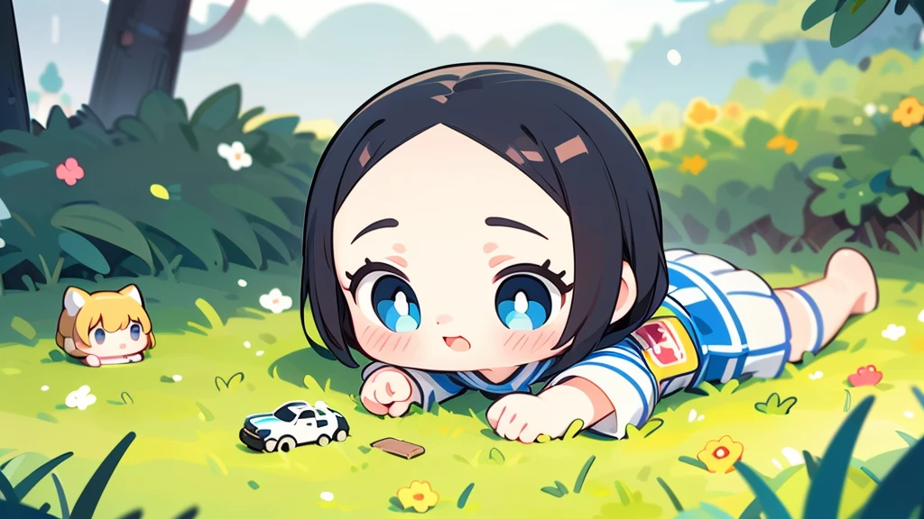 Girl doll、bank、river、bridge、Enjoying airsoft、uniform、Crawling through the grass,octane render、(Hyper-detailing: 1.15)、cinematic lightening、super fine eyes、Full Paint、Anatomically correct、Blur、Depth of written boundary