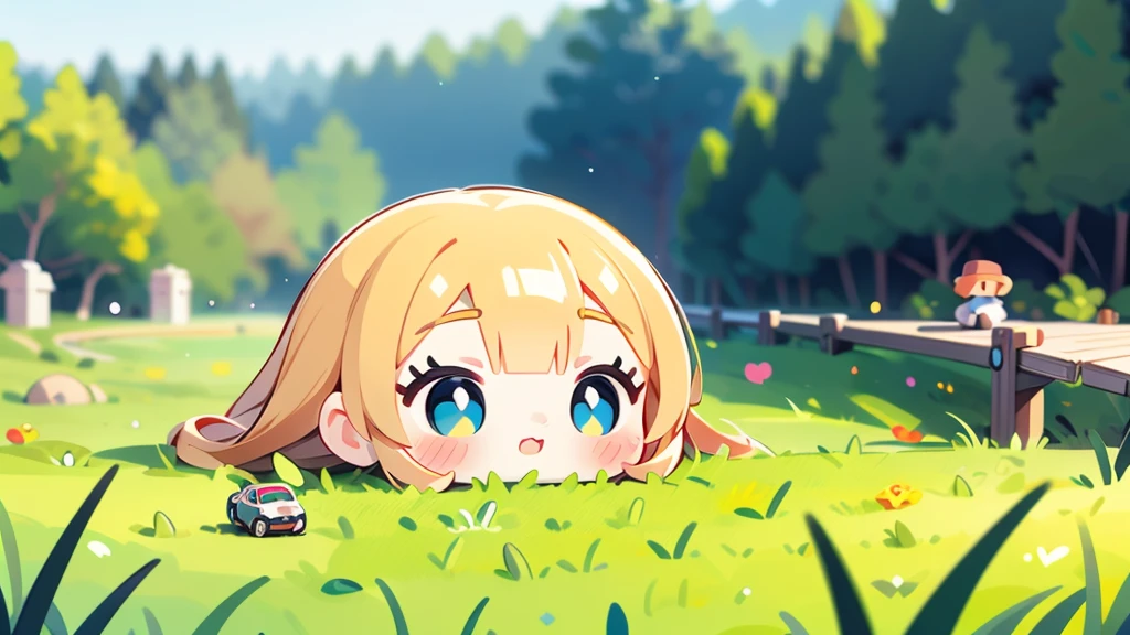 Girl doll、bank、river、bridge、Enjoying airsoft、uniform、Crawling through the grass,octane render、(Hyper-detailing: 1.15)、cinematic lightening、super fine eyes、Full Paint、Anatomically correct、Blur、Depth of written boundary