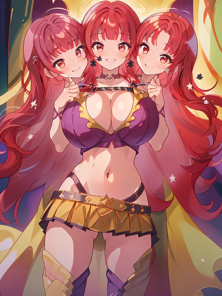 (masterpiece, best quality), best resolution, (3heads:1.5), 1girl, red hair, redhead, long flowing hair, star decoration on hair, smiling, seductive smile, smirk, open belly, dark purple crop top, dark purple miniskirt, open breasts, very huge tits, sexy pose, alluring presence, crimson eyes,