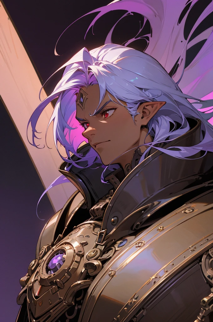 masterpiece, best quality, ultra high res, dark theme, 1boy, (dungeonpunk armor), (mechanical steampunk armor), (wearing armor), fantasy illustration, dark skinned, human, upper body, portrait, red eyes, long white hair, half-drow, pointy ears, serious face, young man, dramatic lighting, purple hue, art by Kinema Citrus