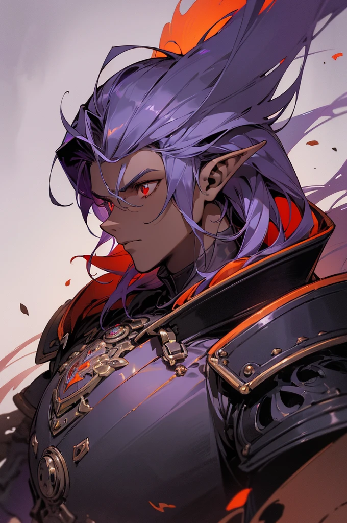 masterpiece, best quality, ultra high res, dark theme, 1boy, (dungeonpunk armor), (mechanical steampunk armor), (wearing armor), fantasy illustration, dark skinned, human, upper body, portrait, red eyes, long white hair, half-drow, pointy ears, serious face, young man, dramatic lighting, purple hue, art by Kinema Citrus