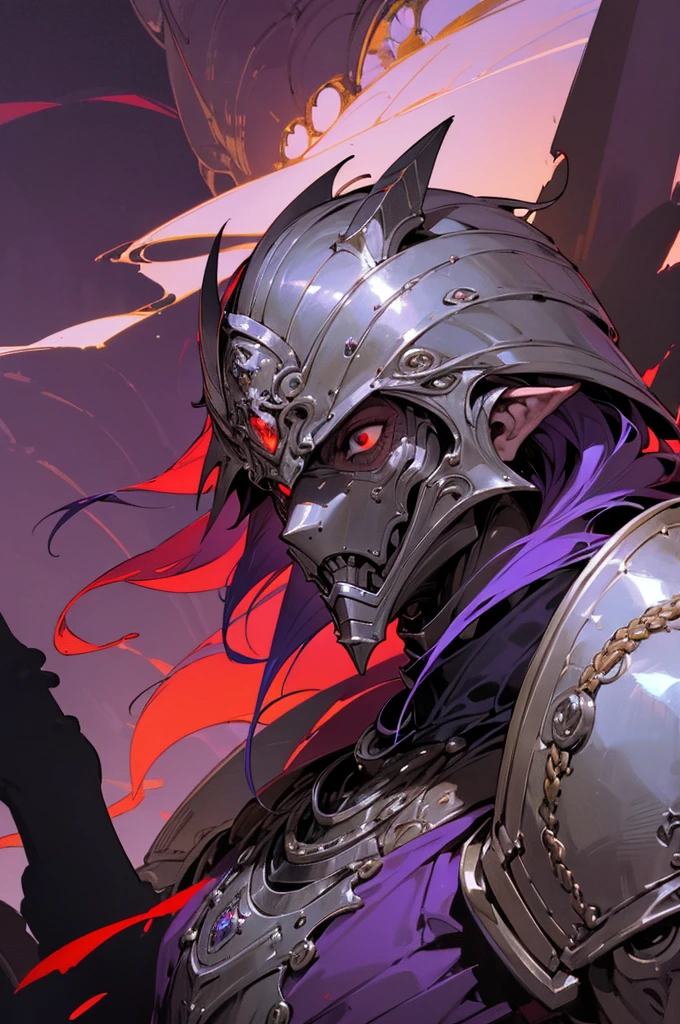 masterpiece, best quality, ultra high res, dark theme, 1boy, (dungeonpunk armor), (mechanical steampunk armor), (wearing armor), fantasy illustration, dark skinned, human, upper body, portrait, red eyes, long white hair, half-drow, pointy ears, serious face, young man, dramatic lighting, purple hue, art by Kinema Citrus