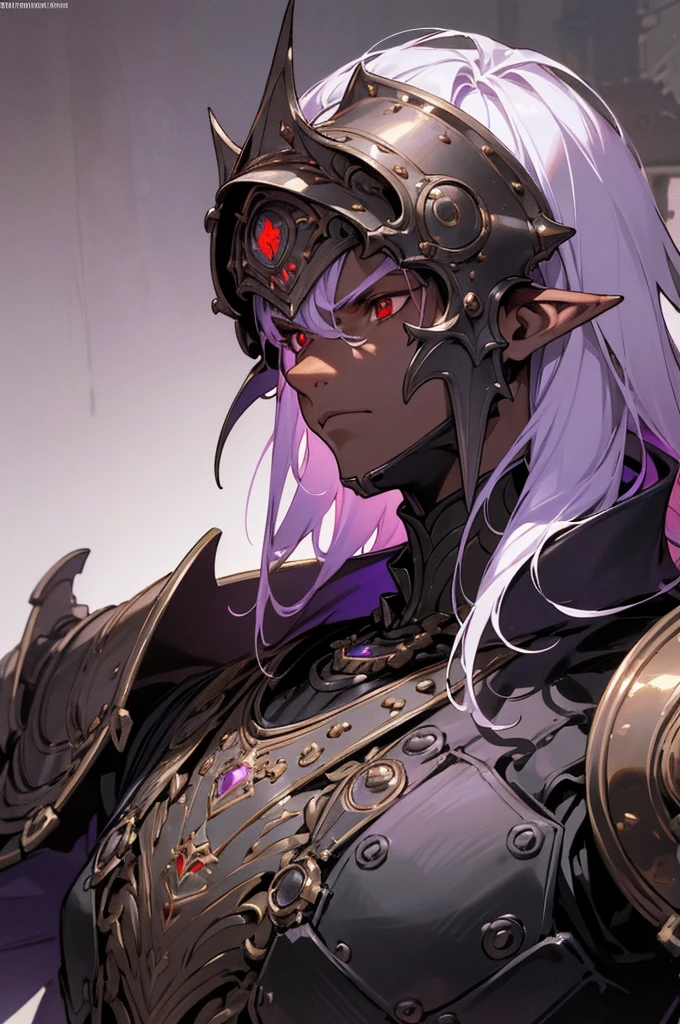 masterpiece, best quality, ultra high res, dark theme, 1boy, (dungeonpunk armor), (mechanical steampunk armor), (wearing armor), fantasy illustration, dark skinned, human, upper body, portrait, red eyes, long white hair, half-drow, pointy ears, serious face, young man, dramatic lighting, purple hue, art by Kinema Citrus