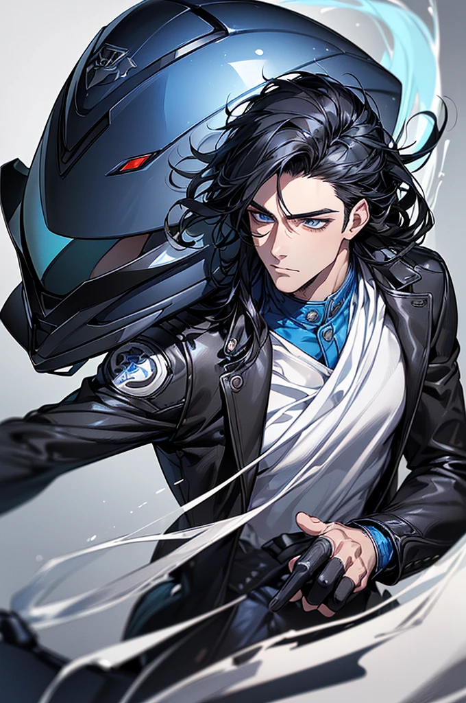 ((8k, high quality, work of art, Handsome man, young, stoic look, no smile, white skin, no beard, blue eyes, long black hair, flowing hair, black motorcycle jacket, carrying a motorcycle helmet, biker, detailed eyes