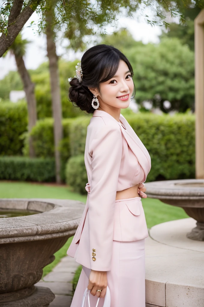 Wedding venue garden,President of import goods sales company,((full body)),((photo)),((best qualtiy, 8K, tmasterpiece:1.3)), Focus:1.2, perfect figure beautiful woman:1.4,1woman,cowboy shot,look at viewer,incredibly absurd, beautiful and cute woman with a photorealistic face, showcasing top-quality craftsmanship, A Japanese woman attending her sister's wedding at a wedding venue, 35 years old, long hair, straight black hair, shiny, silky hair that curls inwards, narrow double eyelids, long eyelashes, pronounced eyebrows, high nose, thin lips, white teeth, bright smile, smooth, honey-colored skin, thin neck, tall, glamorous, slender, F-cup breasts, pale pink suit, knee-length pencil skirt, high heels, diamond earrings and necklace, luxury brand watch, clutch bag, cigar, beautiful, lady-like, pretty older sister, celebrity-like, adult woman, intelligent, calm, kind, playful, sharp-tongued, soothing to those around, refined, elegant, June