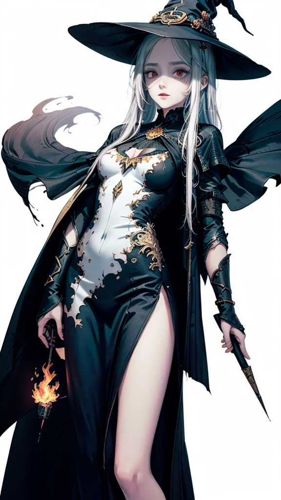 (Masterpiece, Top Quality), detail, ((character concept art)), (1 woman, female, long black dress, holding wizard's wand, witch hat, witch dress cloth, many parts), (pale skin color), (detailed eyes), detailed face, ((crazy look, crazy eyes, sexy, sensual )), athlete body, black hair color, long hair, long style, ((cast fire magic, mage of fire)), details, anime babe, wallpaper, game illustration, Animagine XL Babe, fanart, animation, (simple background, white background: 1. 3)