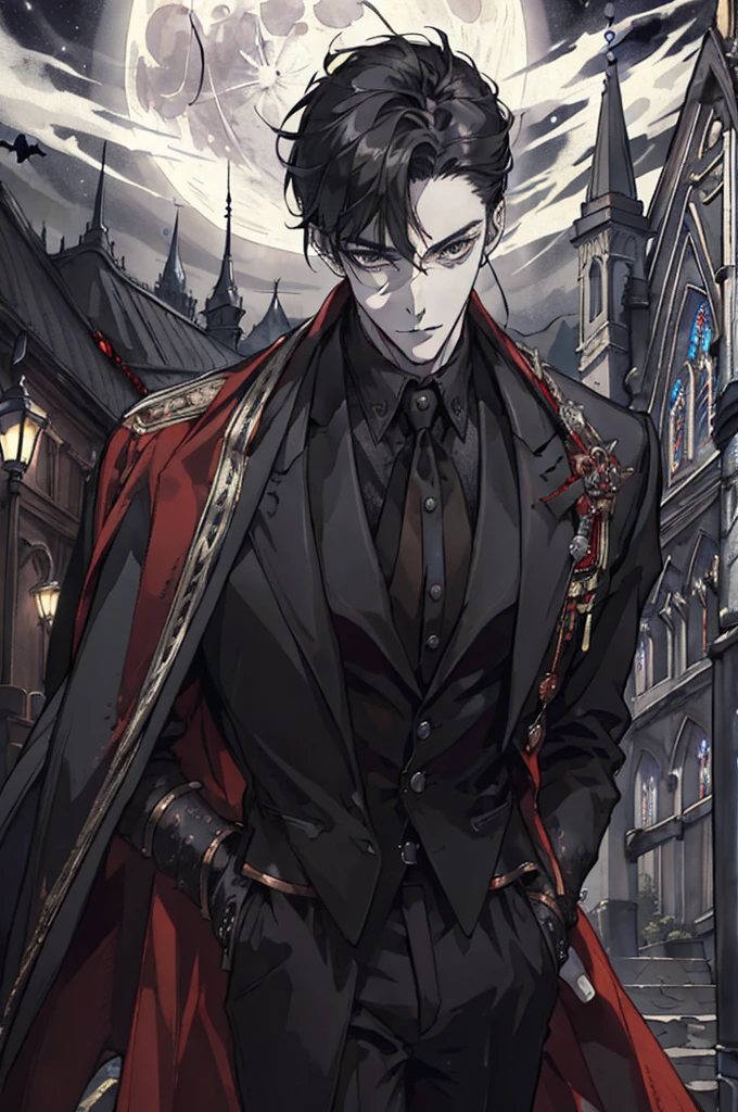 (nonsense, height, Very detailed), 1 man, adult, focus man, handsome, handsome, tall muscular man, Broad shoulders, Intricately detailed eyes and detailed face, black short hair, conjunctivitis, handsome, black suit, Fantasy, uniform, royal, ข้างหลังเขาเป็นfull moon, This is what a real vampire looks like.! ancient vampire clothing, elegant, like a gentleman. He smiled friendlyly., Behind it is a brown church window., There was moonlight reflected behind.. All this in beautiful and gloomy light., which makes it look amazing. 4k wallpaper (High quality: 1.2, church at night: 1.5, ancient vampire clothing: 1.4) (((at night))) (exciting light, mysterious darkness) (((full moon))) designated face) perfect hand)Amazing light and shadow, view, Portrait