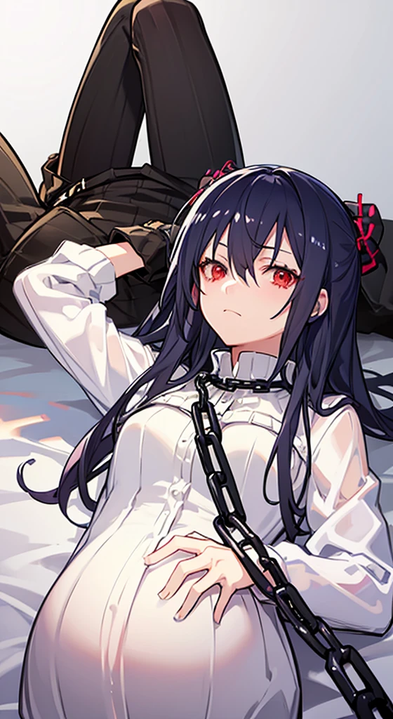 Two anime people, one guy with long loose black hair, one girl with long white hair and red eyes, pregnant, laying on a bed, chains, sad