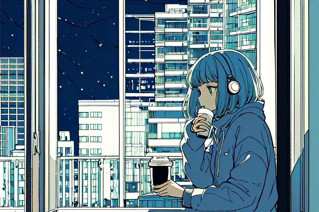 Ultra wide angle, A girl drinking hot coffee while listening to jazz music through headphones, Watching the night sky from the balcony, alone, Lofty Girl, Lo-fi Art Style, Lofty Girl aesthetic, By Gairan, anime aesthetics, relaxed mood, lo-fi illustration style