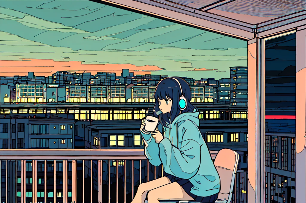 Ultra wide angle, A girl drinking hot coffee while listening to jazz music through headphones, Watching the night sky from the balcony, alone, Lofty Girl, Lo-fi Art Style, Lofty Girl aesthetic, By Gairan, anime aesthetics, relaxed mood, lo-fi illustration style