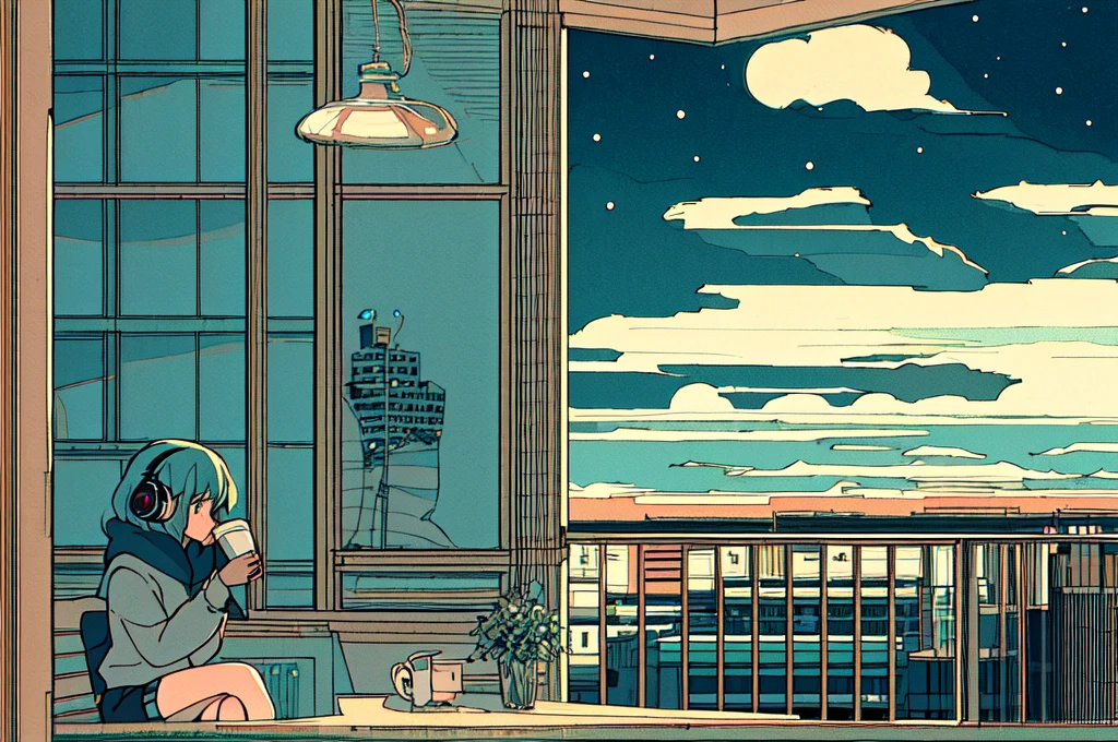 Ultra wide angle, A girl drinking hot coffee while listening to jazz music through headphones, Watching the night sky from the balcony, alone, Lofty Girl, Lo-fi Art Style, Lofty Girl aesthetic, By Gairan, anime aesthetics, relaxed mood, lo-fi illustration style