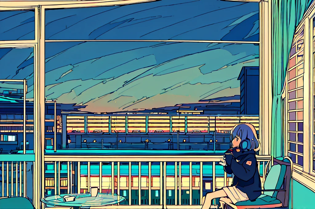 Ultra wide angle, A girl drinking hot coffee while listening to jazz music through headphones, Watching the night sky from the balcony, alone, Lofty Girl, Lo-fi Art Style, Lofty Girl aesthetic, By Gairan, anime aesthetics, relaxed mood, lo-fi illustration style