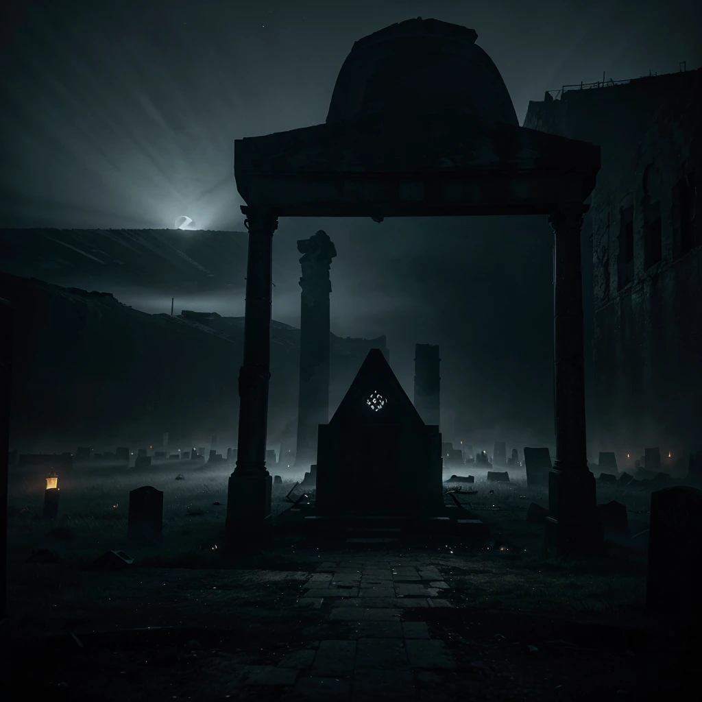 background main menu game, Ancient excavation site at night, Desolate atmosphere, Tragic aftermath of archeologists' deaths, Foreboding darkness, Sinister shadows, Dim lighting, Satanic symbols on ancient walls, Flickering candles and distorted shadows, Remnants of occult rituals, Ghastly silhouettes in moonlight, Unearthly whispers, Malevolent forces, Partially shrouded in fog, Mystery and isolation, Fractured tombstones and disturbed graves, Disturbed spirits, Dark and desaturated color palette, Eerie otherworldly hues, Unsettling center with an ancient partially opened portal, Ominous glow revealing a glimpse into the demonic realm