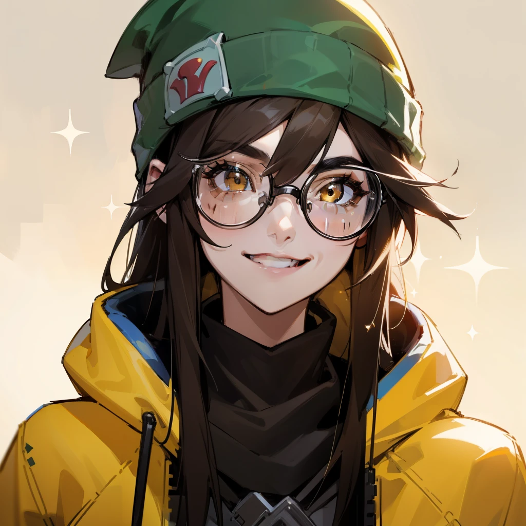 killjoy valorant, focused upper body, one girl wearing perfect glasses and green beanie hat, yellow hoodie, sparkling brown eyes, nice perfect face with soft skin, intricate detail, 8k resolution, masterpiece, 8k resolution photorealistic masterpiece, professional photography, natural lighting, detailed texture, grin