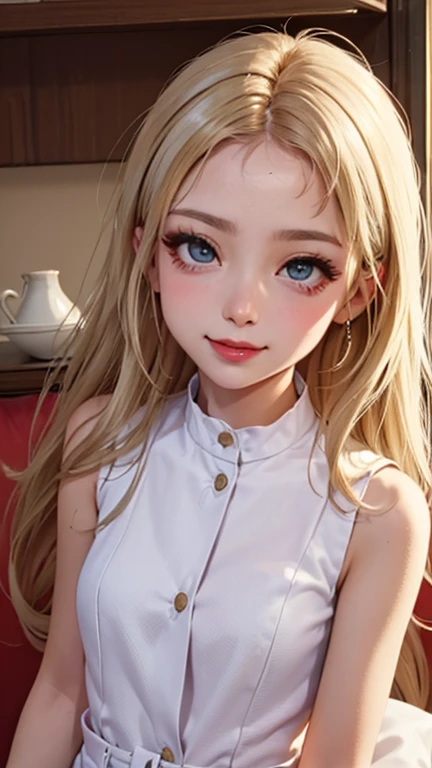 blush a little and smile, (Top quality masterpiece:1.2) Delicate illustrations, Very detailed, /Beautiful Japanese Women、1 person,Very cute and slim、Great style 、((8K images、super high quality))、Very delicate face, Skin and Hair、beautifule forehead、Red lipstick、(((((Mid-length hair、Blonde、lure))))),Very cute Japanese cut face、Eyes and nose are clearly visible、Kind eyes,((((Sleeveless fashion))))