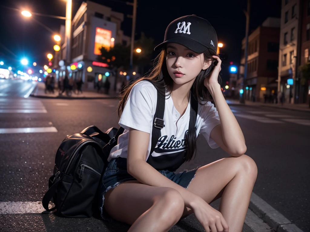 A girl,night,With a baseball cap,Sitting on the side of the street,Street Lights