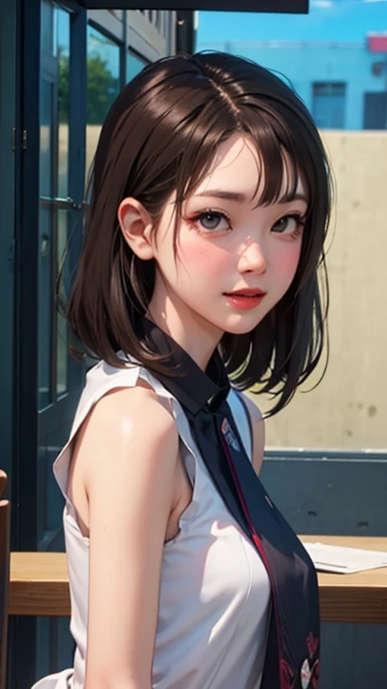 blush a little and smile, (Top quality masterpiece:1.2) Delicate illustrations, Very detailed, /Beautiful Japanese Women、1 person,Very cute and slim、Great style 、((8K images、super high quality))、Very delicate face, Skin and Hair、beautifule forehead、Red lipstick、(((((Mid-length hair、Brown Hair、lure))))),Very cute Japanese cut face、Eyes and nose are clearly visible、Kind eyes,((((Sleeveless fashion))))