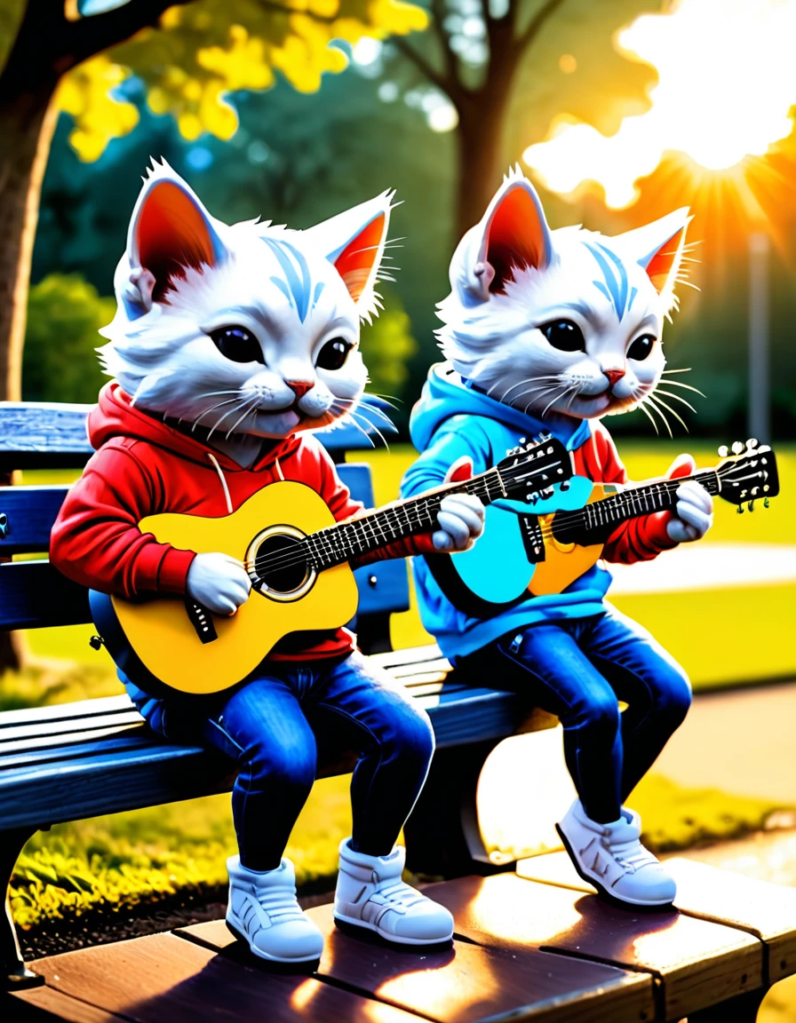 Chibi anthropomorphic cat, 3 heads high, Play acoustic guitar, Park bench, Sunset, easy, Enjoy the music, Wear bright colors、Stylish casual clothing,Such as bright T-shirts, Red Hoodie, and blue shorts, Lovely, In the style of Jean-Baptiste Monge, Alan Lee, high resolution, Realistic photos, Random shooting angle, Don't look at the camera, Panorama with park in the background, Cat's Paw