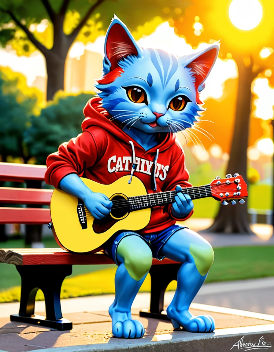Chibi anthropomorphic cat, 3 heads high, Play acoustic guitar, Park bench, Sunset, easy, Enjoy the music, Wear bright colors、Stylish casual clothing，Such as bright T-shirts, Red Hoodie, and blue shorts, Lovely, In the style of Jean-Baptiste Monge, Alan Lee, high resolution, Realistic photos, Random shooting angle, Don&#39;t look at the camera, Panorama with park in the background, Cat&#39;s Paw
