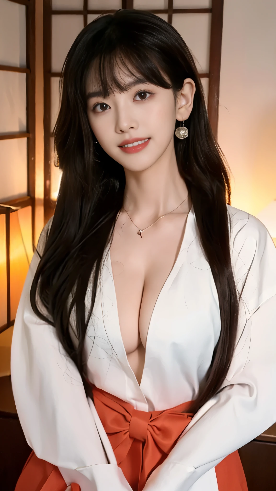 Kikyo,miko,
kimono, red hakama,
wide sleeves, long sleeves, ribbon-trimmed sleeves,, ((whole body)), ((Random shooting angle)), ((Practical)), ((E-cup)), ((Visible cleavage)), ((I-type Valley)), 1 Girl, group photo, Exterior, night, light, stand up, Pleasant posture, Striking pose, beautiful legs, Looking at the audience, Detailed scenario, curls, Air bangs, Beautiful hair accessories, Brown hair, Light makeup, Blush Blush, Lip gloss, (Campus Style), Warm lamps, Warm colors, details, Ultra Detailed, (masterpiece, Best quality), (Extremely exquisite and beautiful work), Delicate earrings, Exquisite necklace, Simple blur background, Extremely detailed description, Ultra-fine painting, Delicate face, slim body, Thin waist, (Grin, happy Grin, Show your teeth), (Anatomically correct)