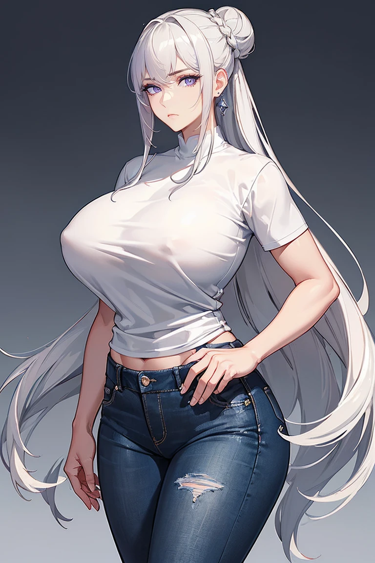 (Uhd, Masterpiece, Textured Skin, Super Detail, High Details, High Quality, Best Quality), Detailed Face, 1woman, mature pretty woman, (Huge Body:1.5), (Silver hair tied in a bun, long hair), (Short black top shirt, jeans pants), standing