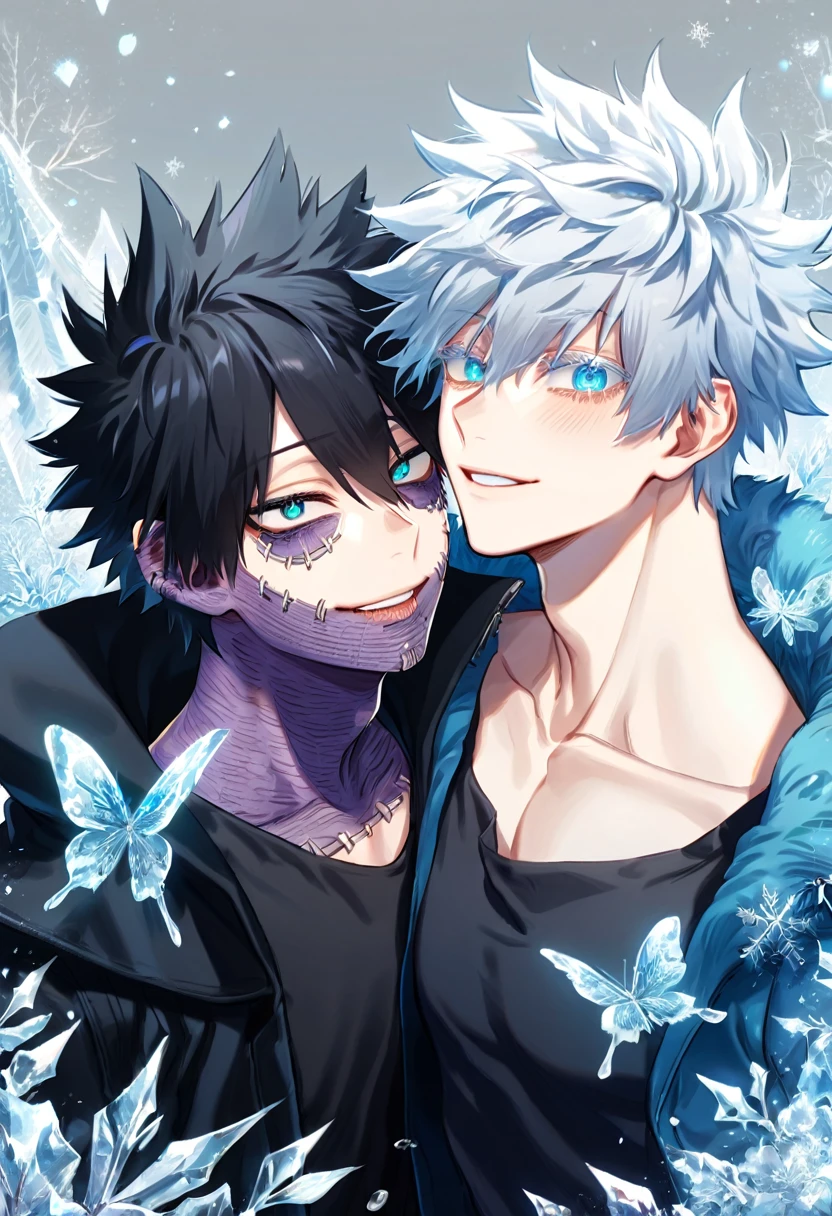 absurdres, highres, ultra detailed, HDR, master piece, best quality, extremely detailed face, delicated features, Dabi, black hair, expressive turquoise eyes, Boku No Hero Academia, Gojou Satoru, white hair, expressive blue eyes, white eyelashes, two sexy men together, gay couple, yaoi, handsome, smiling, blue jacket with fur, black T-shirt, black coat, fantasy, magical, ice, ice butterflies, snowflakes, ice trees, ice flowers, starry sky, ice style